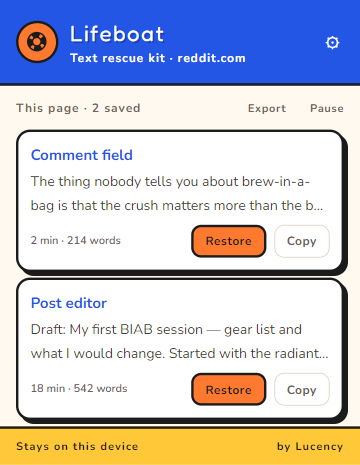 Dinghy theme: blue header and bright orange restore buttons.