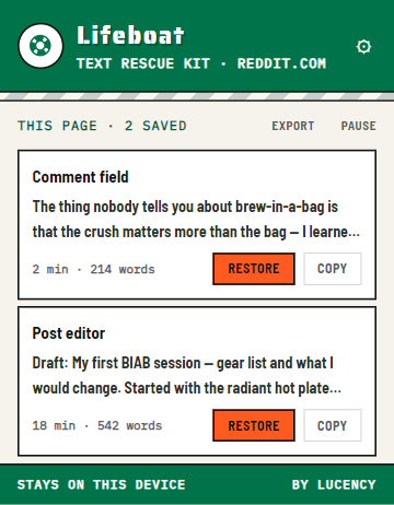 Muster theme: green header, stencil lettering and orange restore buttons.