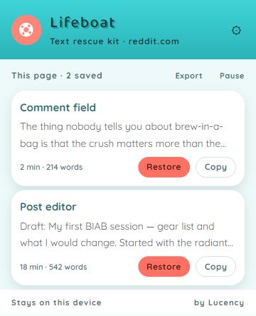 Pool Float theme: turquoise header and rounded coral restore buttons.