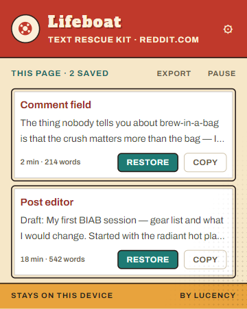 Lifeboat's Tin Toy popup with saved comment and post drafts, Restore and Copy controls, and a Pause control.